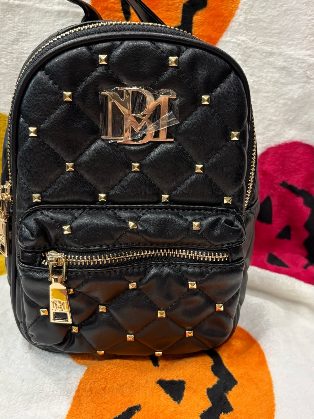 Badgley Mischka Black Quilted Mini Backpack with Gold Hardware